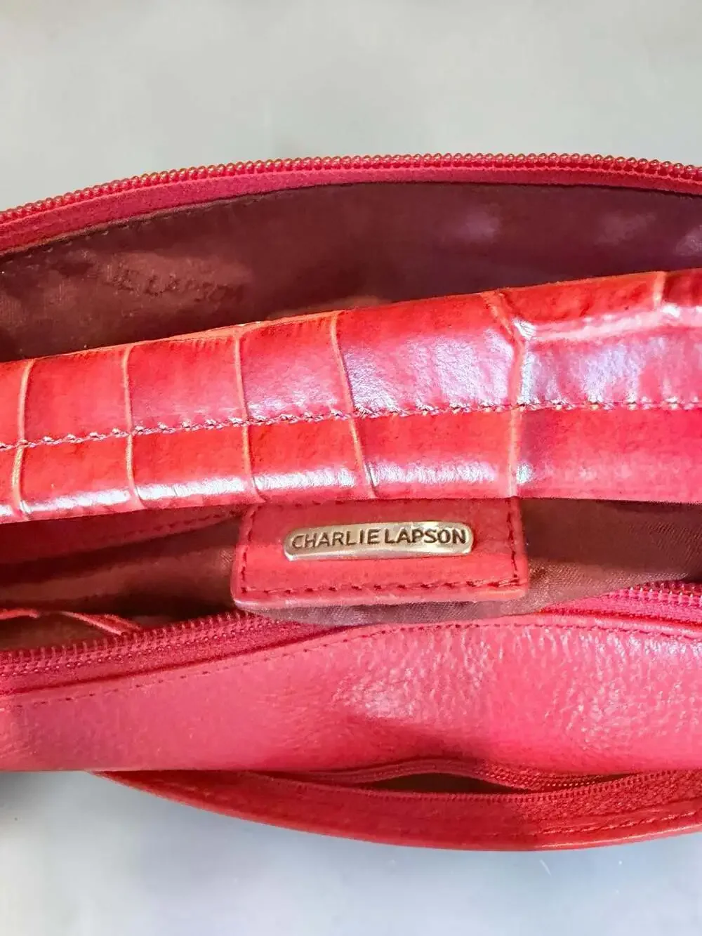 Charlie Lapson Red Crocodile Embossed Leather Hobo Bag and Matching Wallet Set